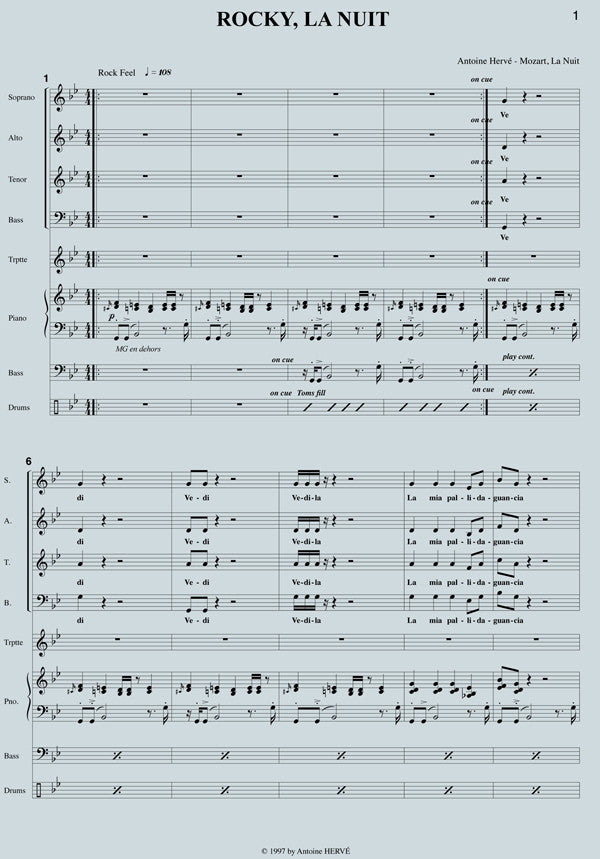 Rocky, By Night- Sheet for choir SATB and jazz quartet|Rocky, La Nuit, partition pour choeur SATB et jazz quartet