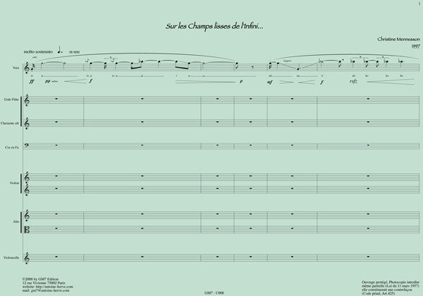 SUR LES CHAMPS LISSES DE L'INFINI - de Christine Mennesson - partition pour voix et ensemble contemporain