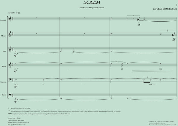 SOLEM - Score for Vocal Ensemble-Christine Mennesson|SOLEM - Partition pour ensemble vocal contemporain de Christine Mennesson