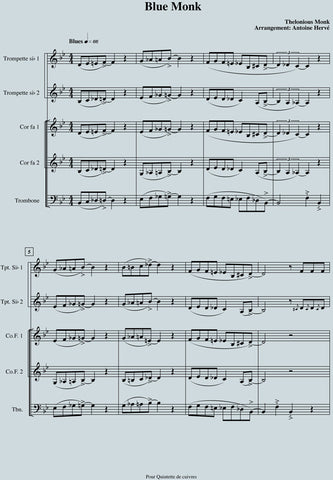 BLUE MONK, score for school Horns Quintet|BLUE MONK - partition pour quintette de cuivres d'élèves